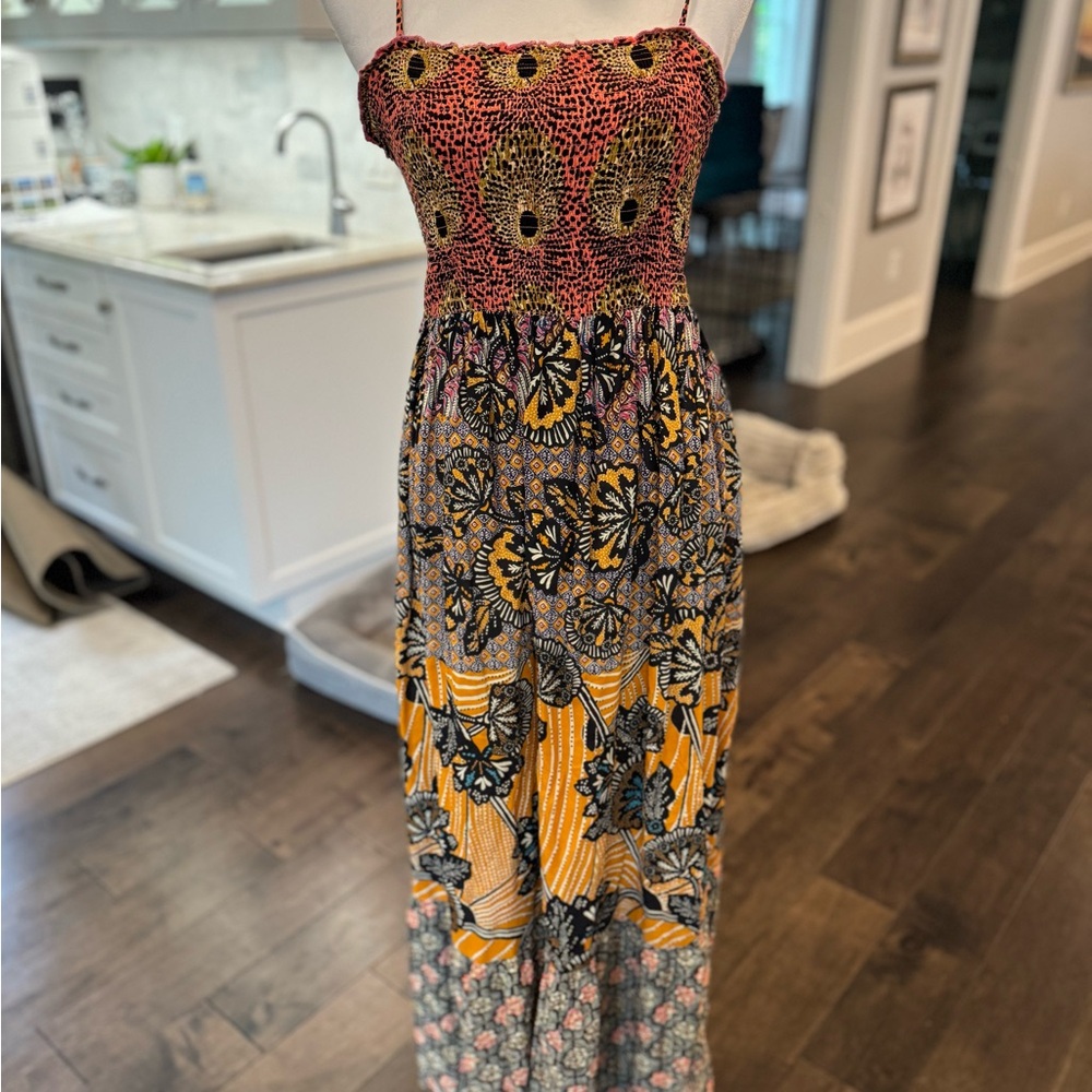 Anthropologie Coral/Black/Orange Floral Smocked Strapless Sundress